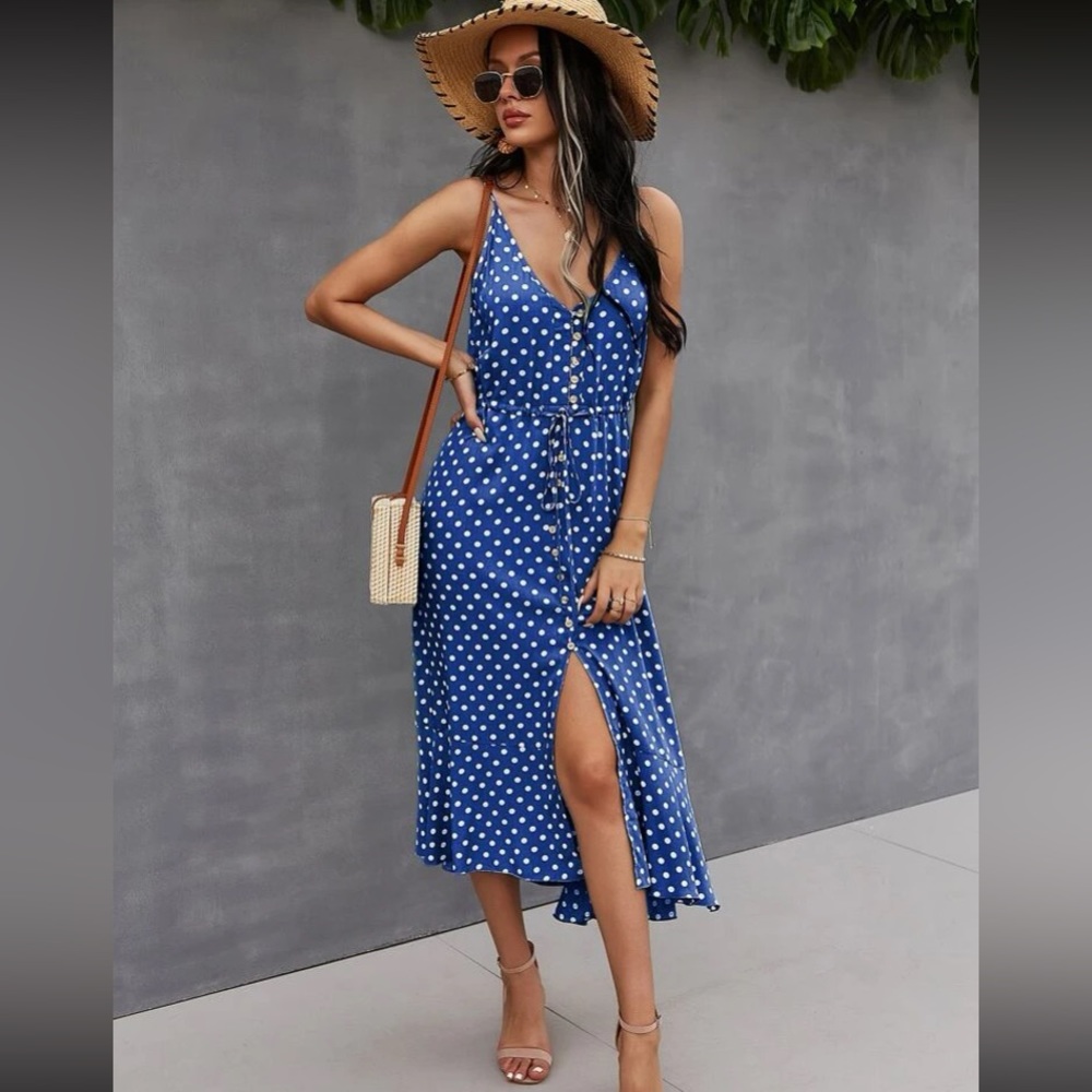 Boho polka dots print button detail drawstring waist cami dress - Picture 12 of 16